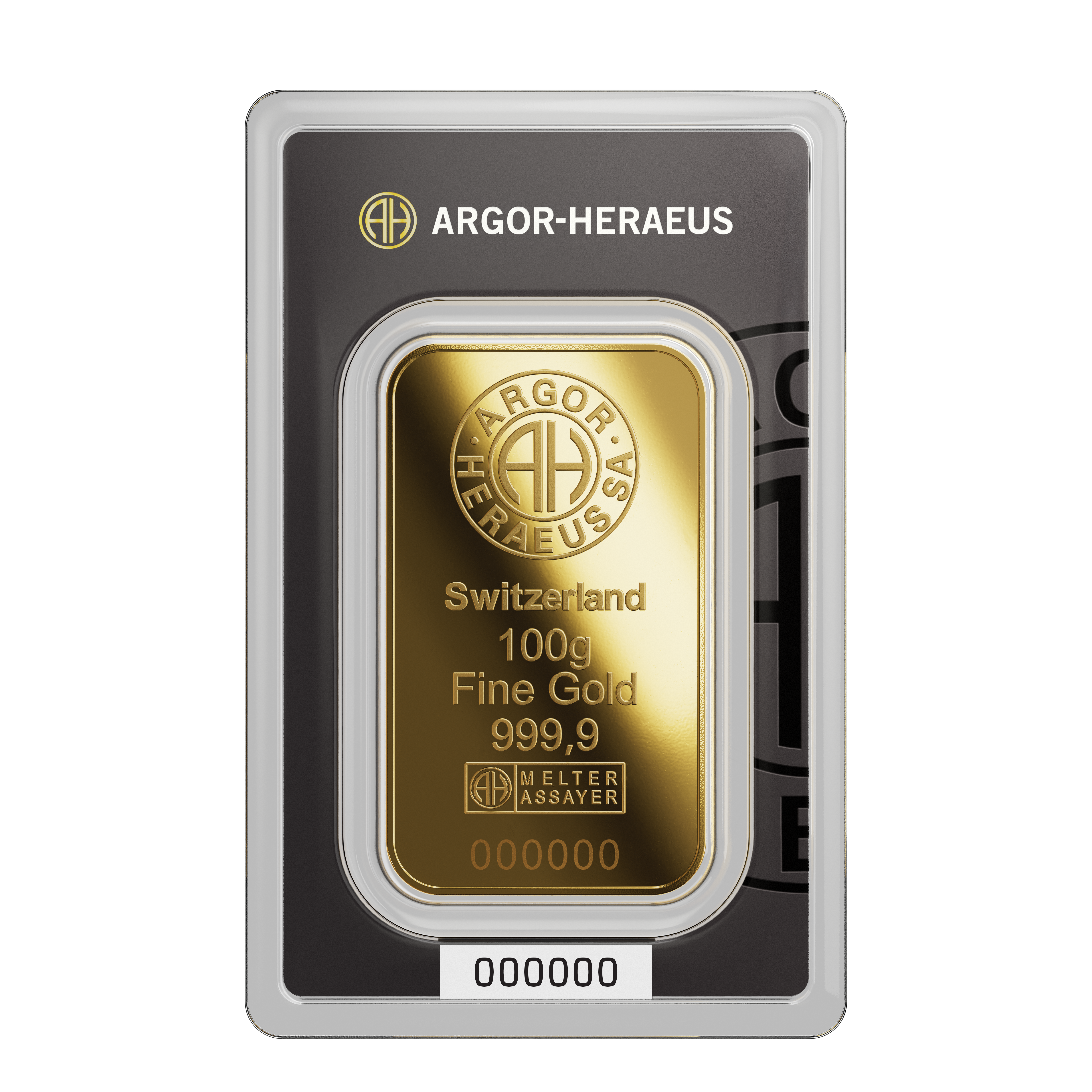 GOLD_Packaging_100g_Front Lingot d'or 100 g Argor-Heraeus 999,9‰