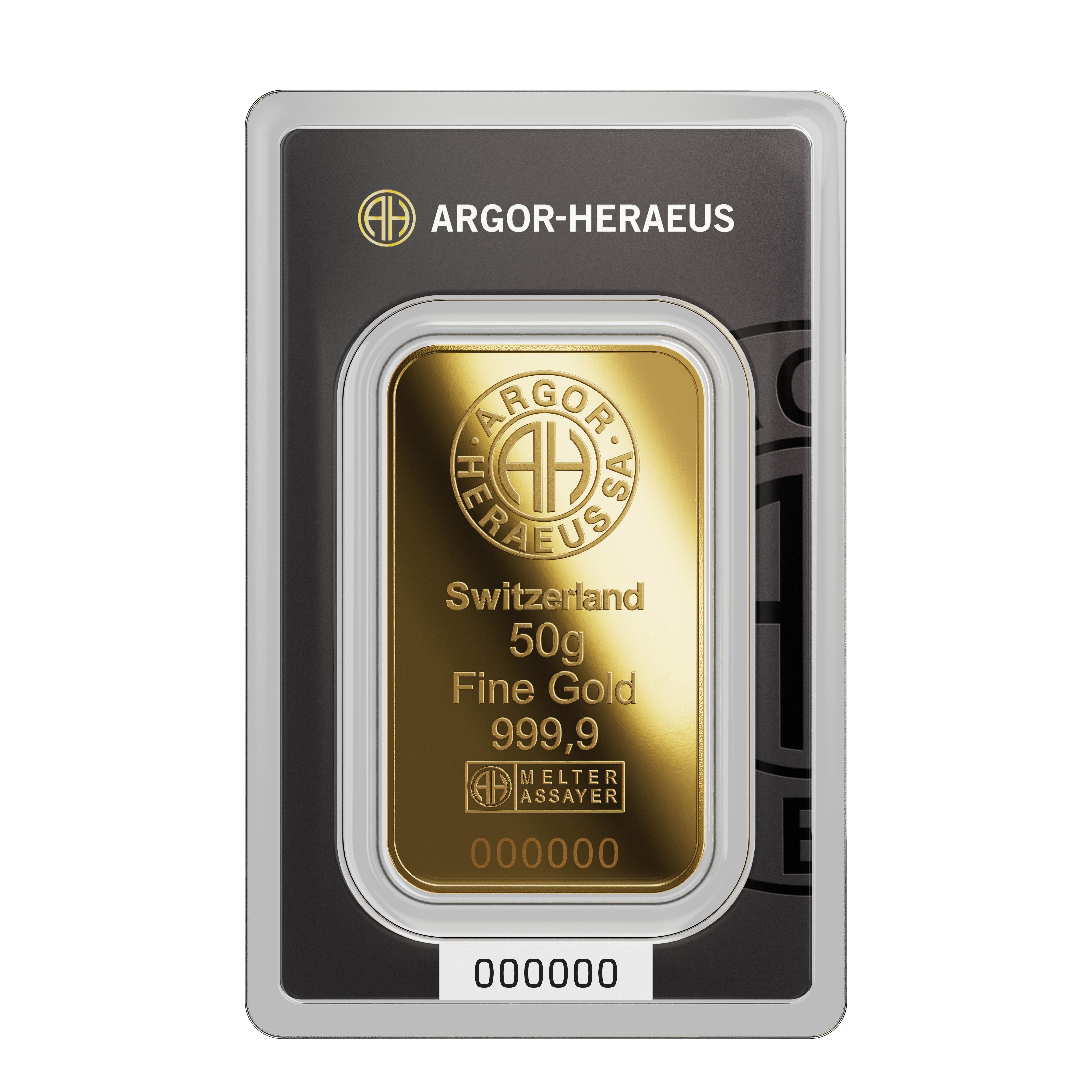 GOLD_Packaging_50g_Front Lingot d'or 50 g Argor-Heraeus 999,9‰