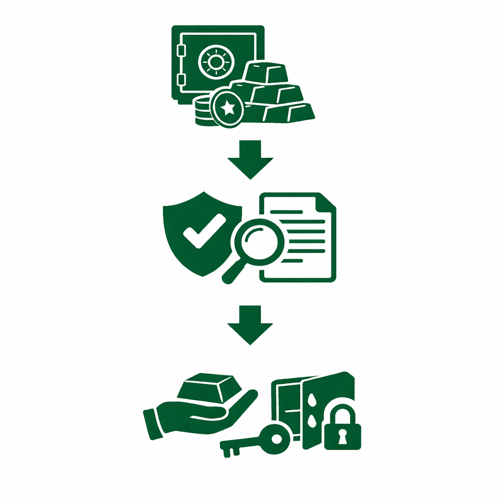 Service de garde au coffre Gold Service : dépôt sécurisé de lingots et pièces d’or, suivi assuré et accès flexible aux métaux précieux.
