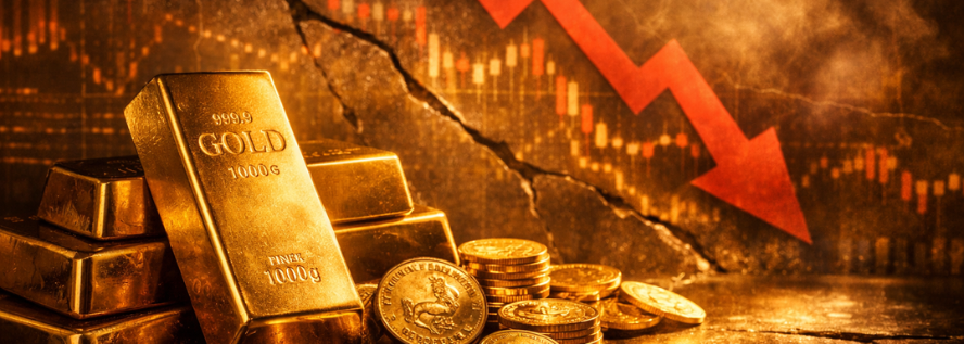 Image réaliste de lingots et pièces d’or illustrant la chute du marché de l’or en janvier 2026, avec flèche descendante et éclairage doré premium.