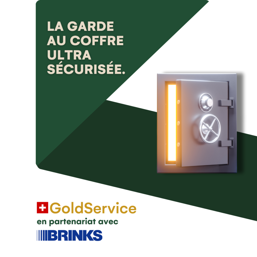 Garde au coffre sécurisée pour or d’investissement avec Gold Service et Brink’s : stockage assuré de lingots et pièces d’or en coffres ultra-sécurisés.
