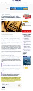 Image de revue de presse présentant un article sur la baisse du cours de l’or sous les 4 000 dollars l’once et la prise de parole de Gold Service sur les objectifs patrimoniaux liés à l’investissement en or.