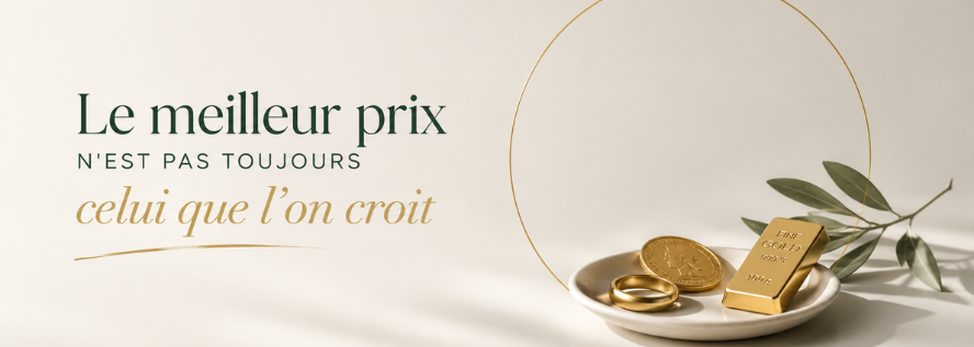 Illustration expliquant que le prix affiché lors de la vente d’or ne correspond pas toujours au montant réellement payé après estimation et frais.