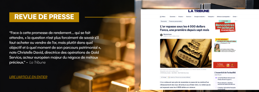 Visuel annonçant une revue de presse consacrée à un article évoquant la baisse du cours de l’or et citant Gold Service sur les enjeux patrimoniaux liés à l’investissement en or.