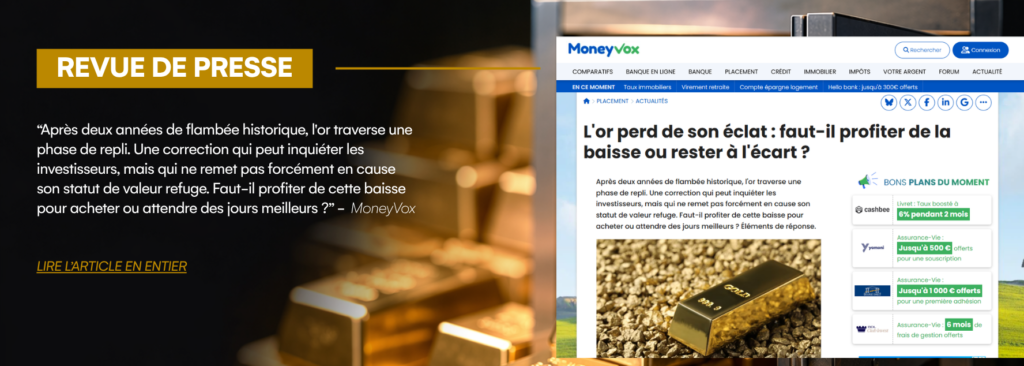 Visuel de revue de presse présentant un article de MoneyVox consacré à la baisse du cours de l'or et à l'analyse de Gold Service sur les opportunités d'investissement en or physique.