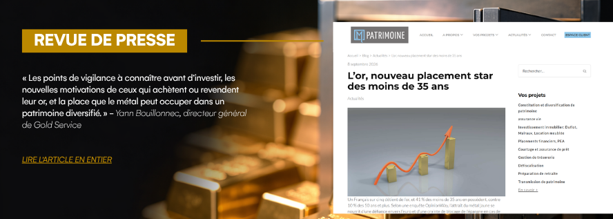 Visuel de revue de presse consacré à l’attrait des moins de 35 ans pour l’or et à la prise de parole de Gold Service sur l’investissement en métaux précieux.